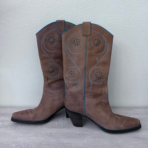 Franco Sarto Pointy Cowboy Western Block Heels Leather Boots 8M Brown Festival - Picture 4 of 9